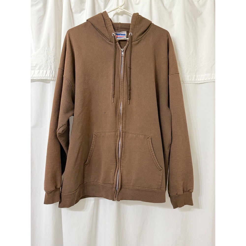 Hanes Ultimate Cotton Hoodie Mens XL Brown Zip Up Sweatshirt Distressed Y2K